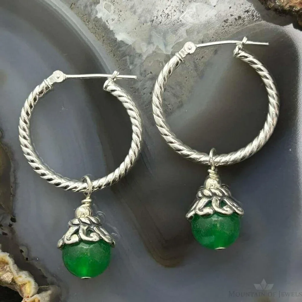 Carolyn Pollack Sterling Twisted Hoop w/Green Jadeite Dangle Earrings For Women